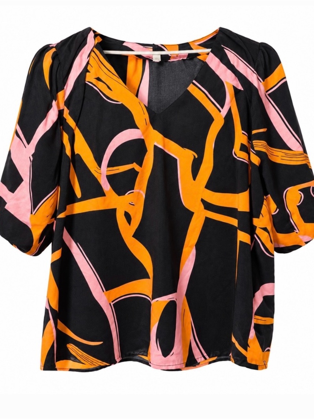 entro Black Pink and Orange Abstract Puff Sleeve Blouse